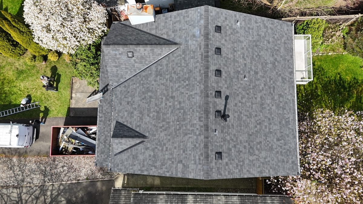 Architectural asphalt shingle roof seen from above