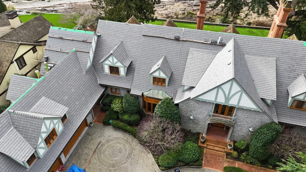 Composite shake roof with dormers, close detail