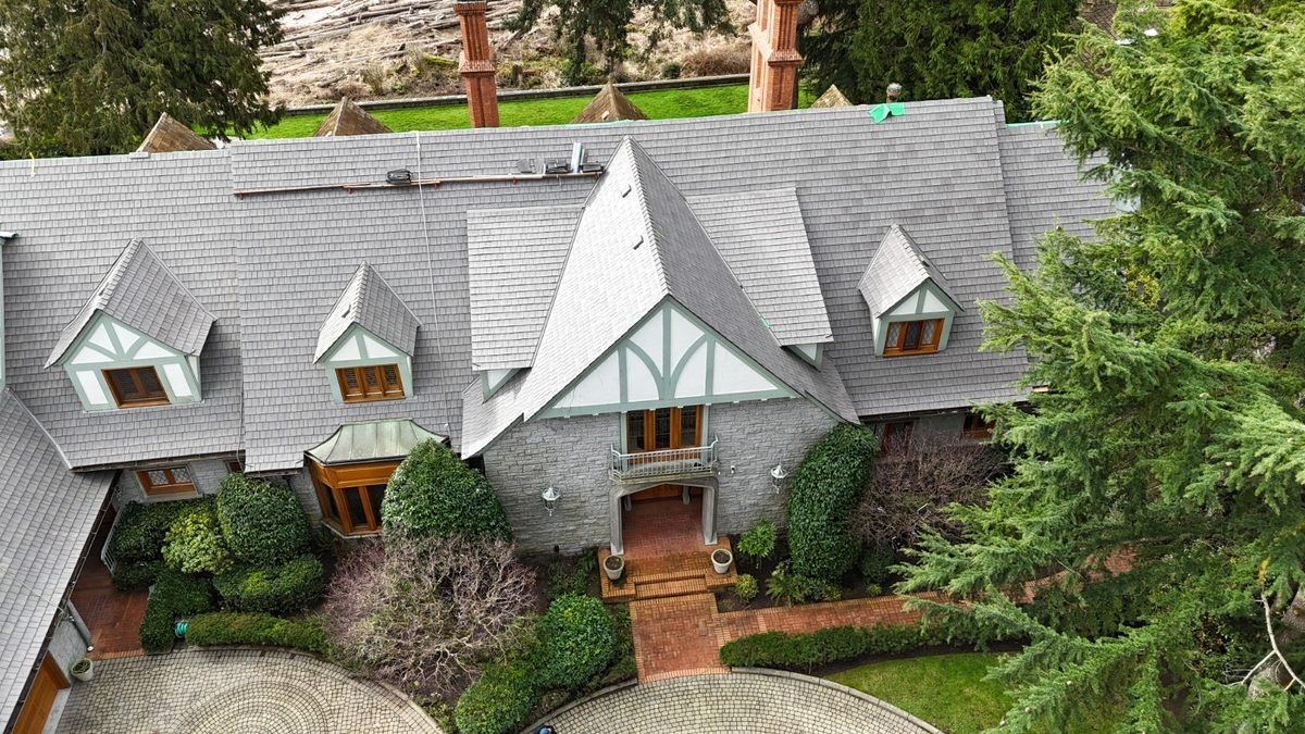 Composite slate-look roof on a large residential home