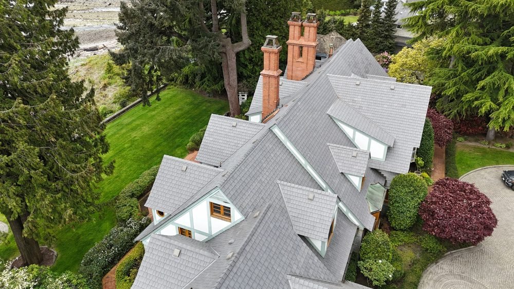 Finished grey composite shake roof