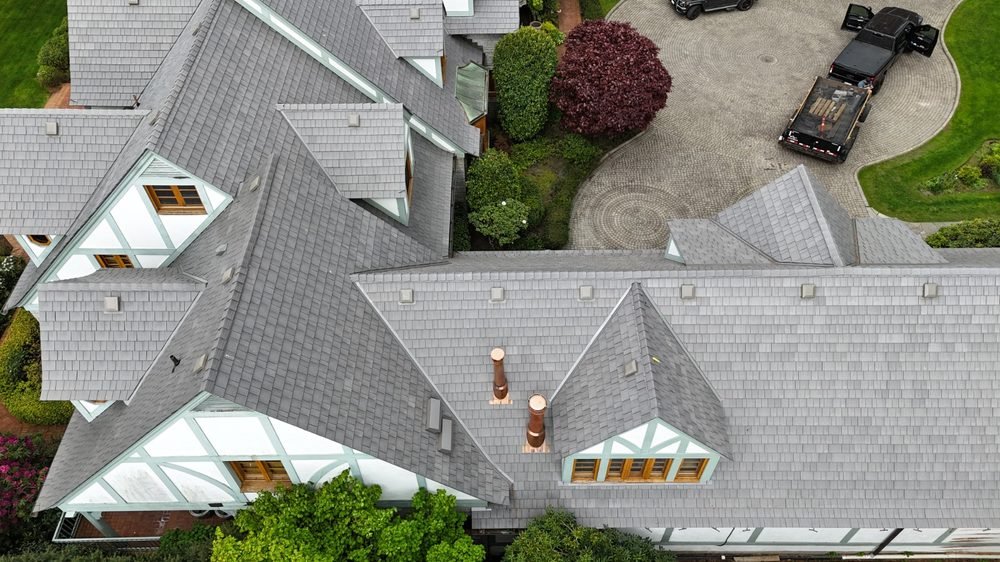 Composite shake roof with dormers, overhead view