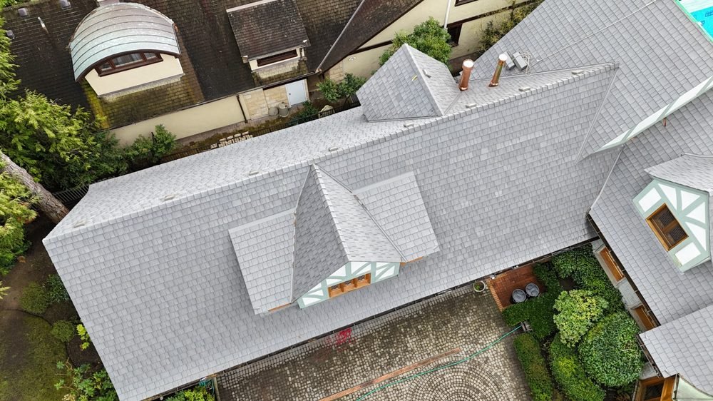Grey composite shake roof, aerial detail