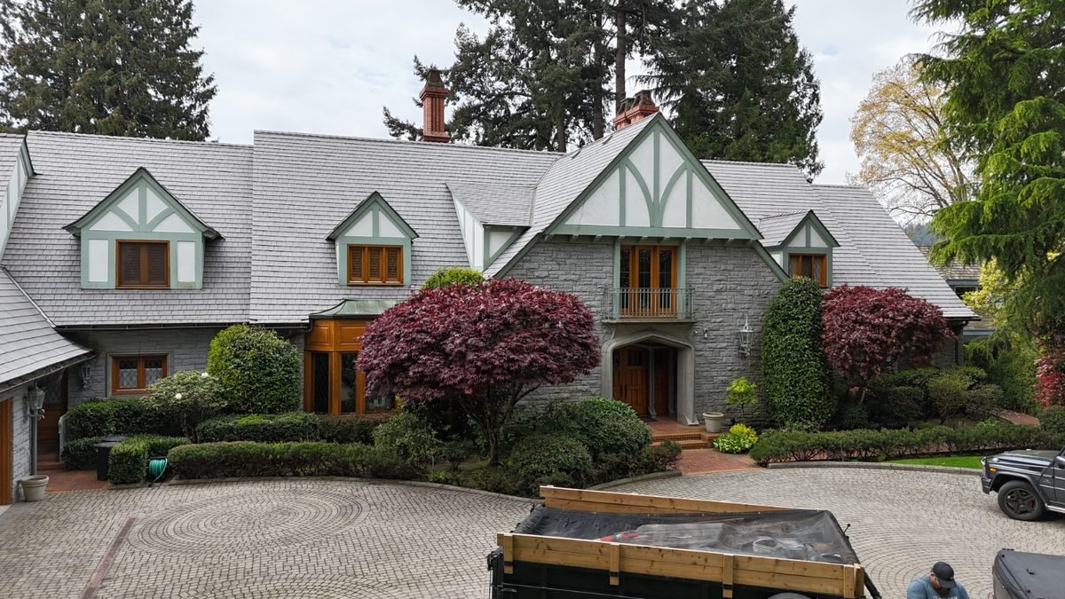 Completed roof replacement on an estate home