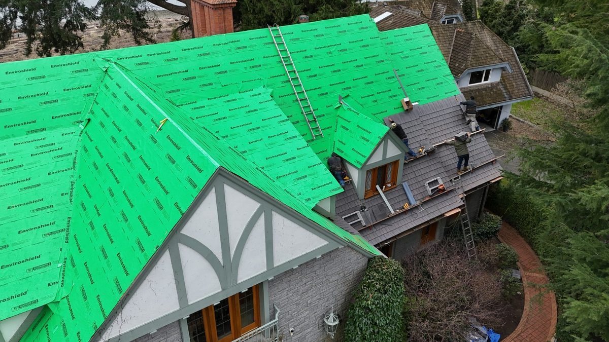 Roof replacement underway with new underlayment going down