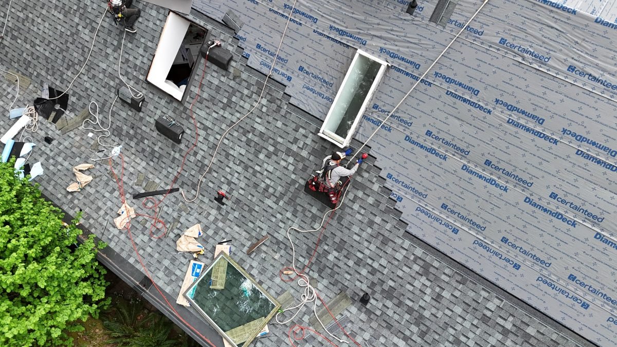 Skylight set into a newly shingled roof